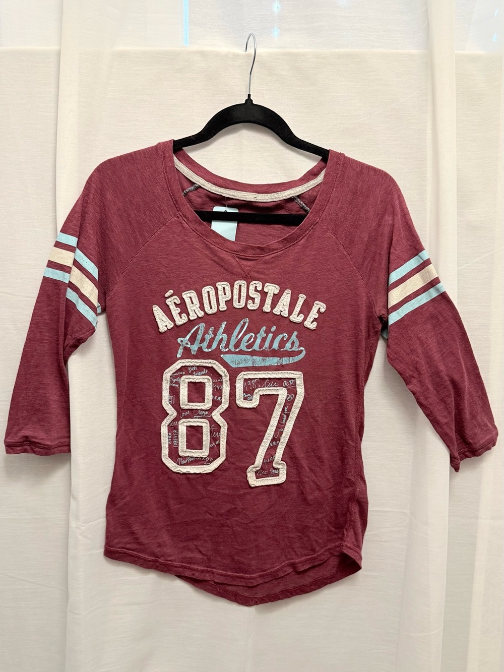 Aeropostale Maroon 3/4 Sleeve Tee with Light Blue Stripes